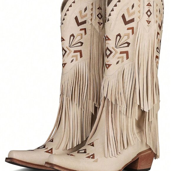 Beige Bohemian Women's Fringe Tassel Cowgirl Western Chunky High Heels  Boots - Picture 6 of 6